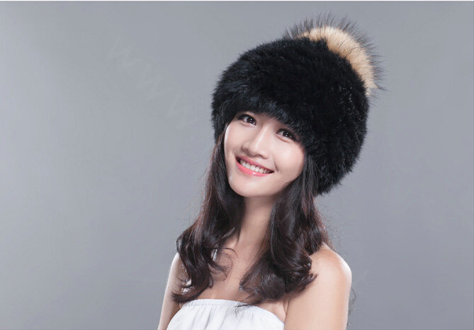 Fashion Winter Real Whole Rabbit Fur Hat With Raccoon Fur Ball Women Knitted Beanies Hat - Black
