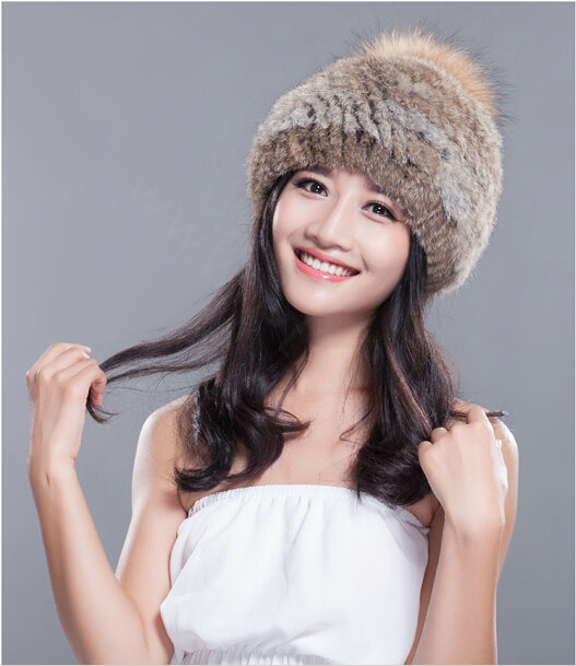 Fashion Winter Real Whole Rabbit Fur Hat With Raccoon Fur Ball Women Knitted Beanies Hat - Brown