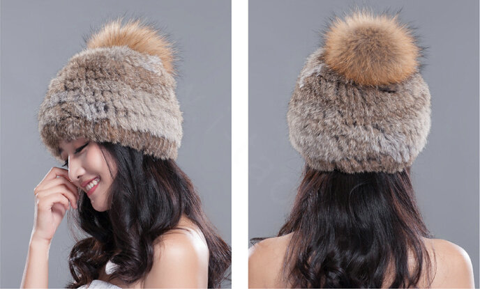 Fashion Winter Real Whole Rabbit Fur Hat With Raccoon Fur Ball Women Knitted Beanies Hat - Brown