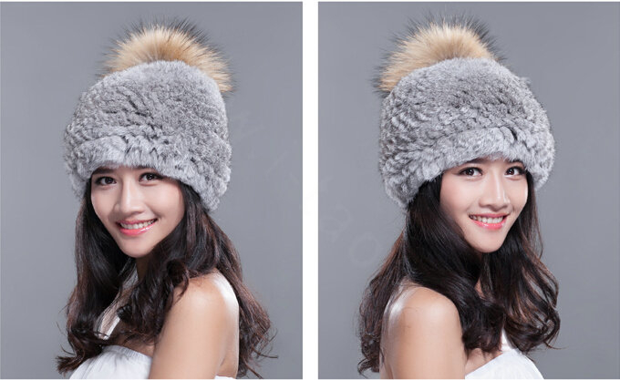 Fashion Winter Real Whole Rabbit Fur Hat With Raccoon Fur Ball Women Knitted Beanies Hat - Grey