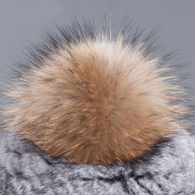 Fashion Winter Real Whole Rabbit Fur Hat With Raccoon Fur Ball Women Knitted Beanies Hat - Grey