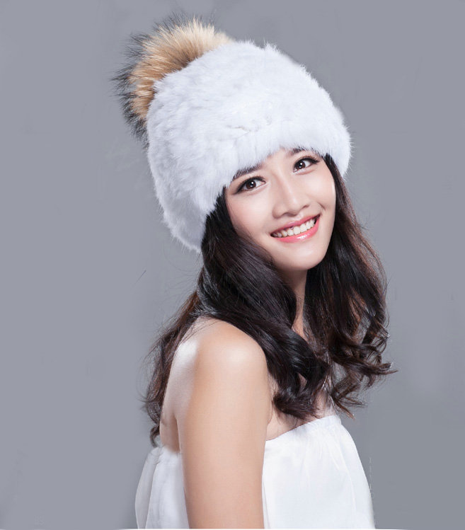 Fashion Winter Real Whole Rabbit Fur Hat With Raccoon Fur Ball Women Knitted Beanies Hat - White