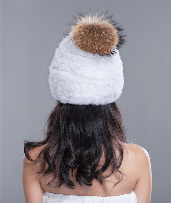 Fashion Winter Real Whole Rabbit Fur Hat With Raccoon Fur Ball Women Knitted Beanies Hat - White