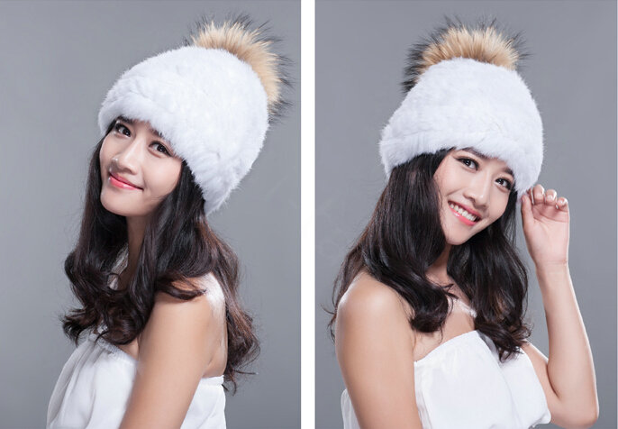 Fashion Winter Real Whole Rabbit Fur Hat With Raccoon Fur Ball Women Knitted Beanies Hat - White