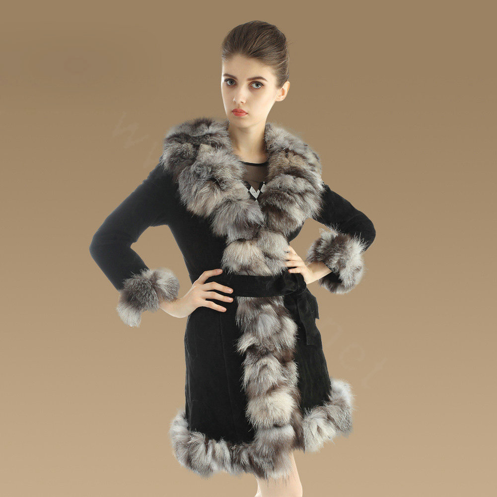 Fashion Women Nature Pig Leather Coat With Large Fox Fur Collar Female Winter Fur Parka - Black Grey