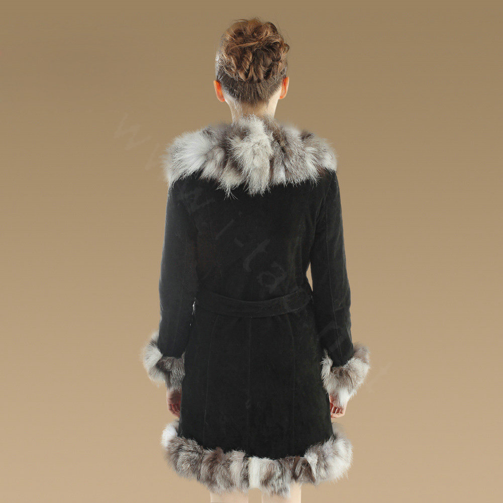 Fashion Women Nature Pig Leather Coat With Large Fox Fur Collar Female Winter Fur Parka - Black Grey