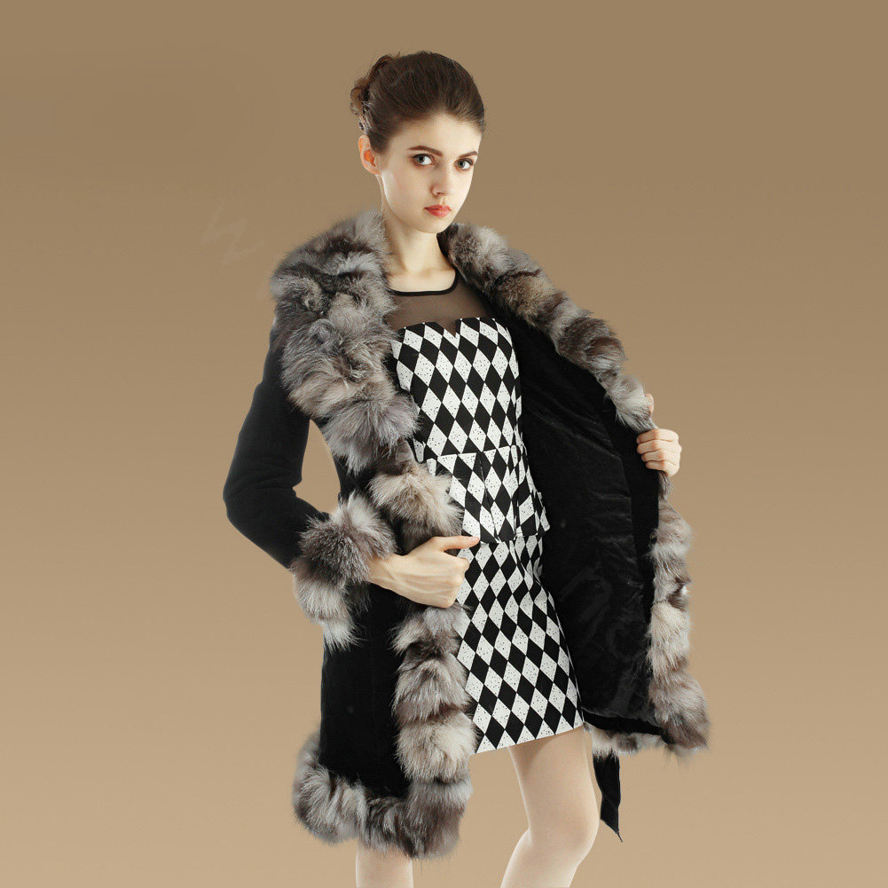 Fashion Women Nature Pig Leather Coat With Large Fox Fur Collar Female Winter Fur Parka - Black Grey