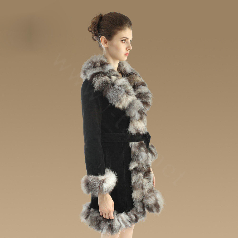Fashion Women Nature Pig Leather Coat With Large Fox Fur Collar Female Winter Fur Parka - Black Grey