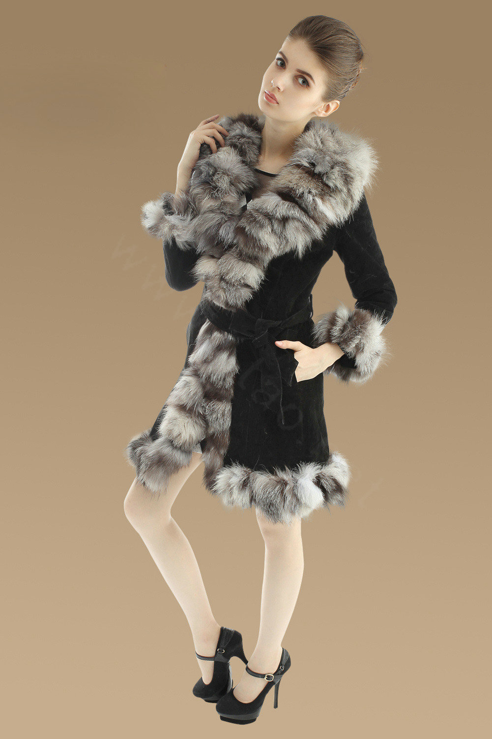 Fashion Women Nature Pig Leather Coat With Large Fox Fur Collar Female Winter Fur Parka - Black Grey