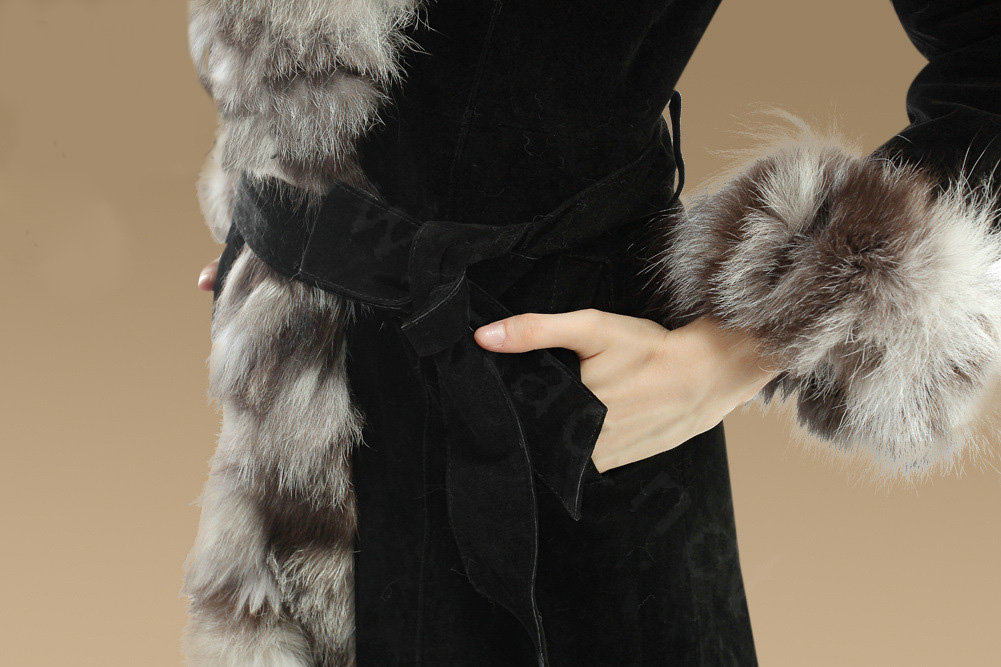 Fashion Women Nature Pig Leather Coat With Large Fox Fur Collar Female Winter Fur Parka - Black Grey
