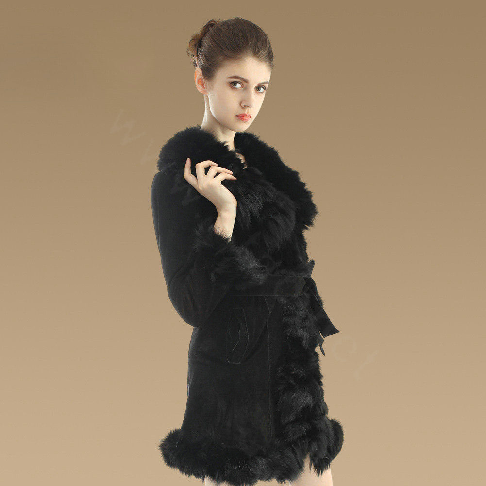 Fashion Women Nature Pig Leather Coat With Large Fox Fur Collar Female Winter Fur Parka - Black