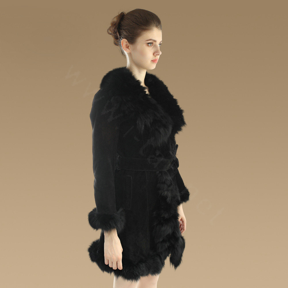 Fashion Women Nature Pig Leather Coat With Large Fox Fur Collar Female Winter Fur Parka - Black