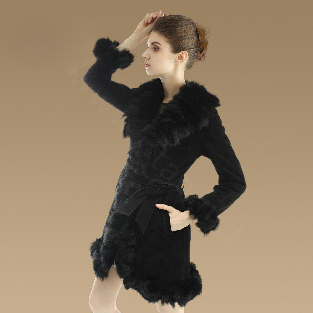 Fashion Women Nature Pig Leather Coat With Large Fox Fur Collar Female Winter Fur Parka - Black