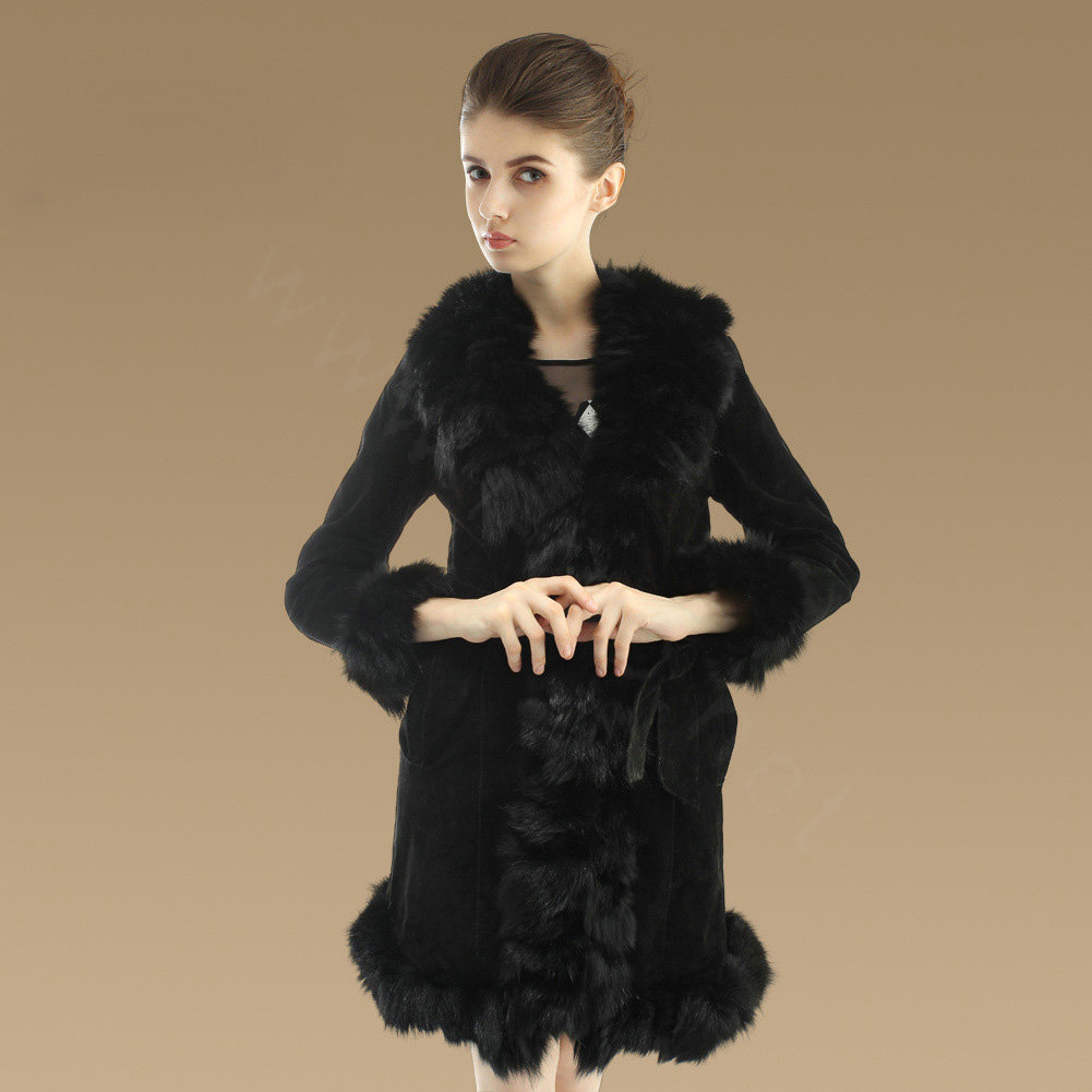 Fashion Women Nature Pig Leather Coat With Large Fox Fur Collar Female Winter Fur Parka - Black