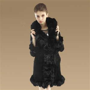 Fashion Women Nature Pig Leather Coat With Large Fox Fur Collar Female Winter Fur Parka - Black