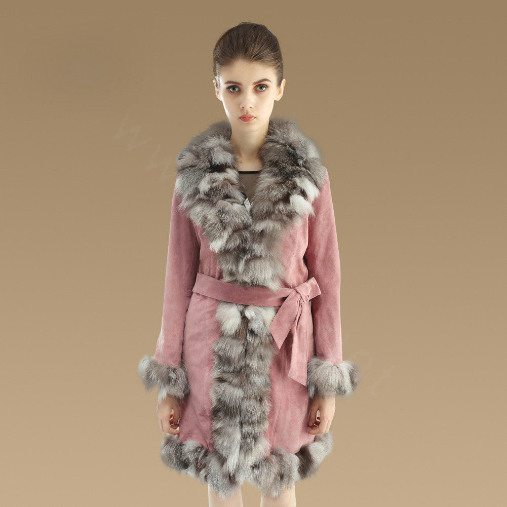 Fashion Women Nature Pig Leather Coat With Large Fox Fur Collar Female Winter Fur Parka - Pink