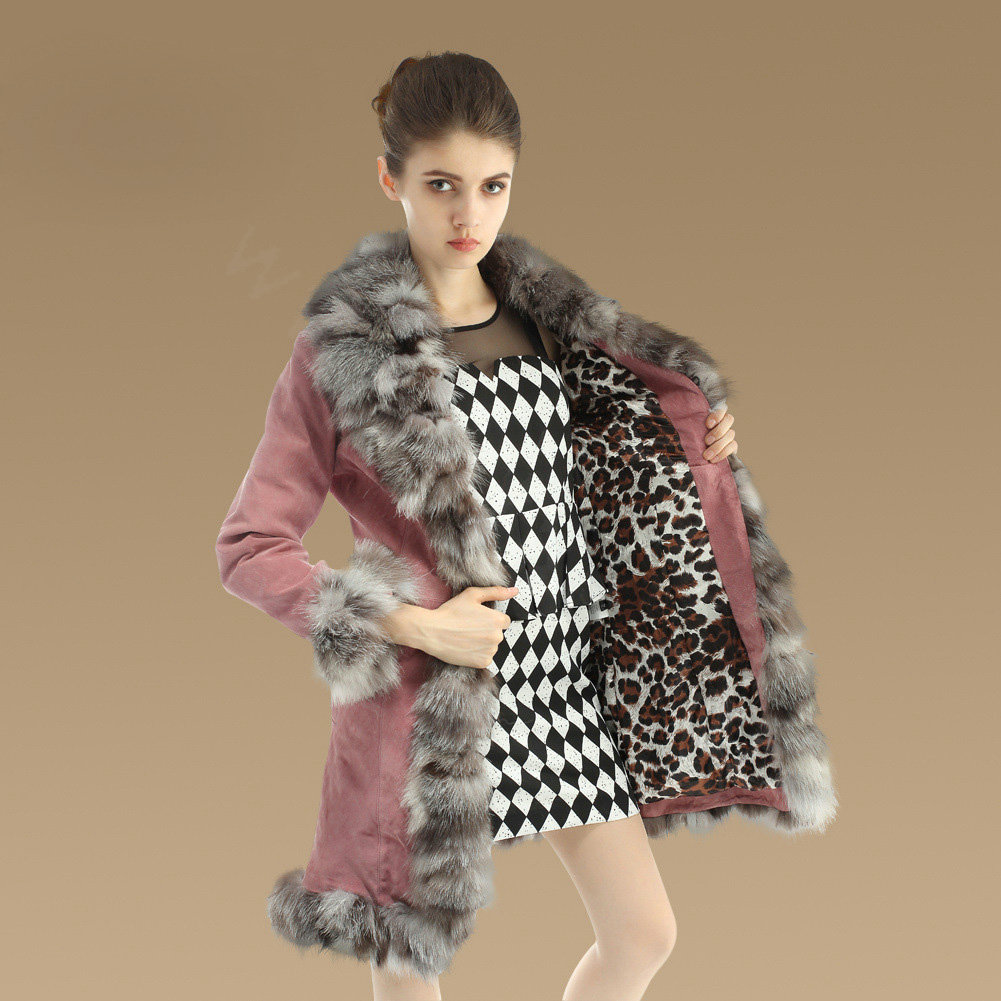 Fashion Women Nature Pig Leather Coat With Large Fox Fur Collar Female Winter Fur Parka - Pink