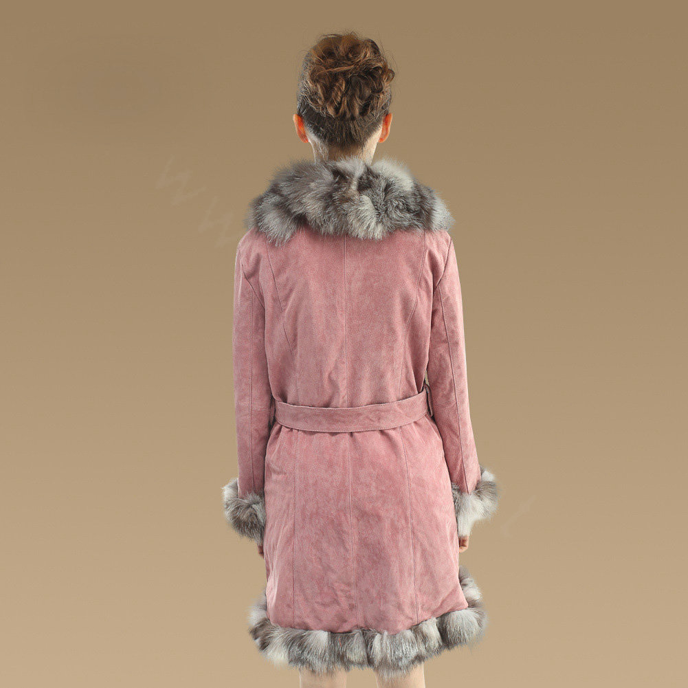 Fashion Women Nature Pig Leather Coat With Large Fox Fur Collar Female Winter Fur Parka - Pink