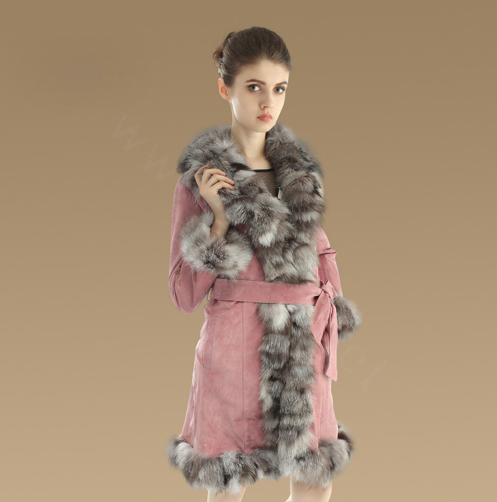 Fashion Women Nature Pig Leather Coat With Large Fox Fur Collar Female Winter Fur Parka - Pink