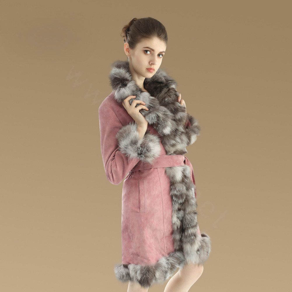 Fashion Women Nature Pig Leather Coat With Large Fox Fur Collar Female Winter Fur Parka - Pink