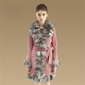 Fashion Women Nature Pig Leather Coat With Large Fox Fur Collar Female Winter Fur Parka - Pink