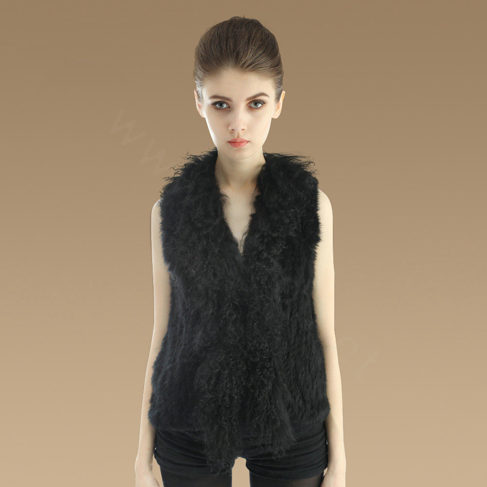Genuine Knitted Rabbit Fur Vest With Delicate Mongolia Sheep Fur Collar Women Jacket - Black