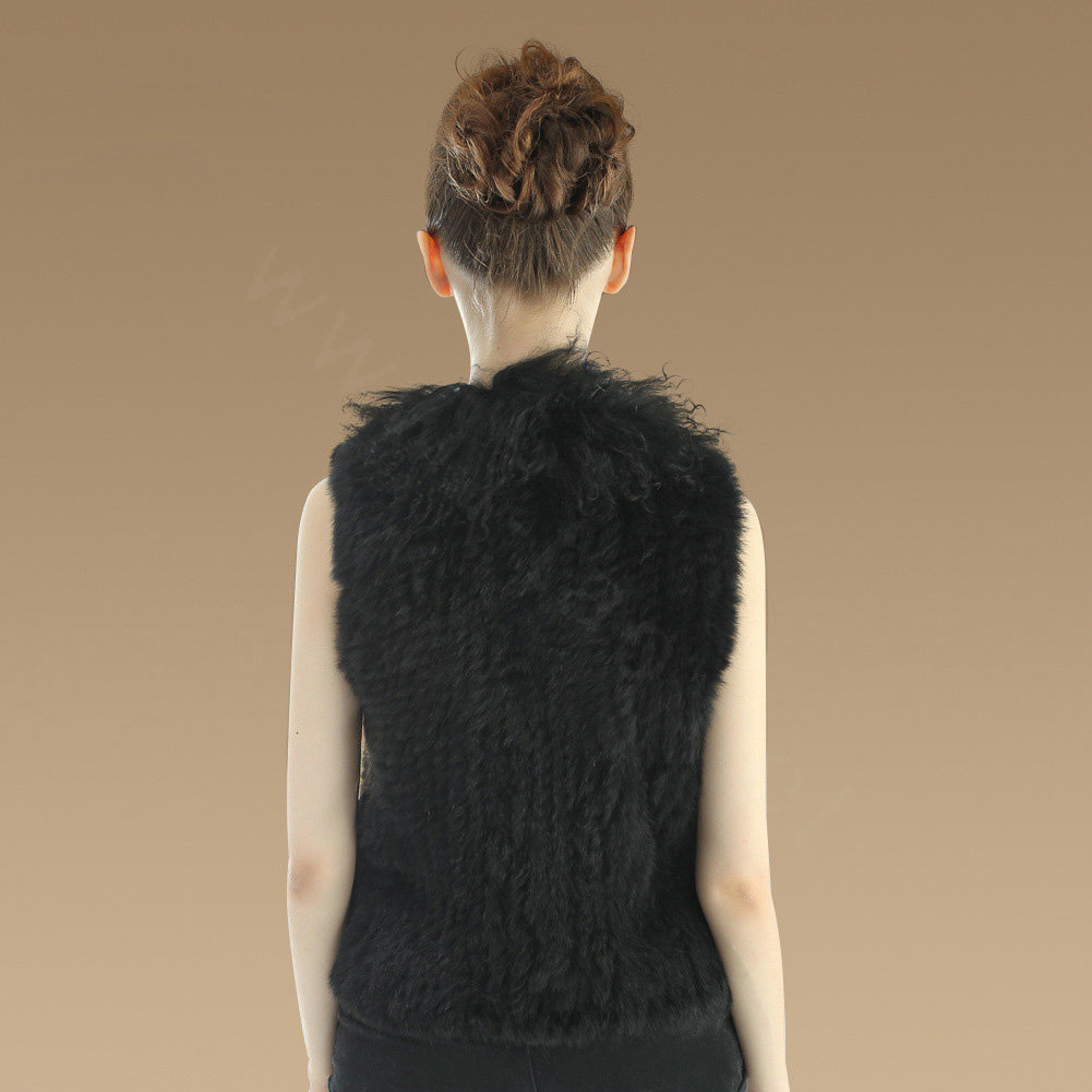 Genuine Knitted Rabbit Fur Vest With Delicate Mongolia Sheep Fur Collar Women Jacket - Black