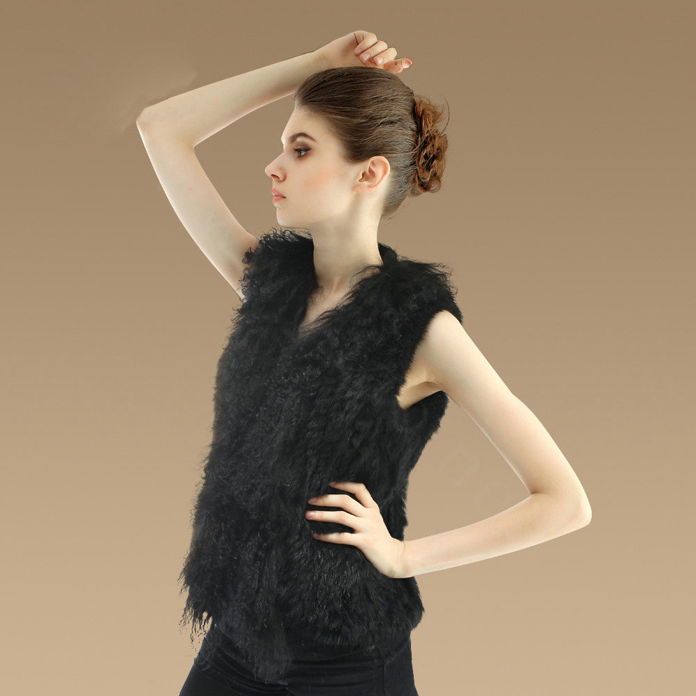 Genuine Knitted Rabbit Fur Vest With Delicate Mongolia Sheep Fur Collar Women Jacket - Black