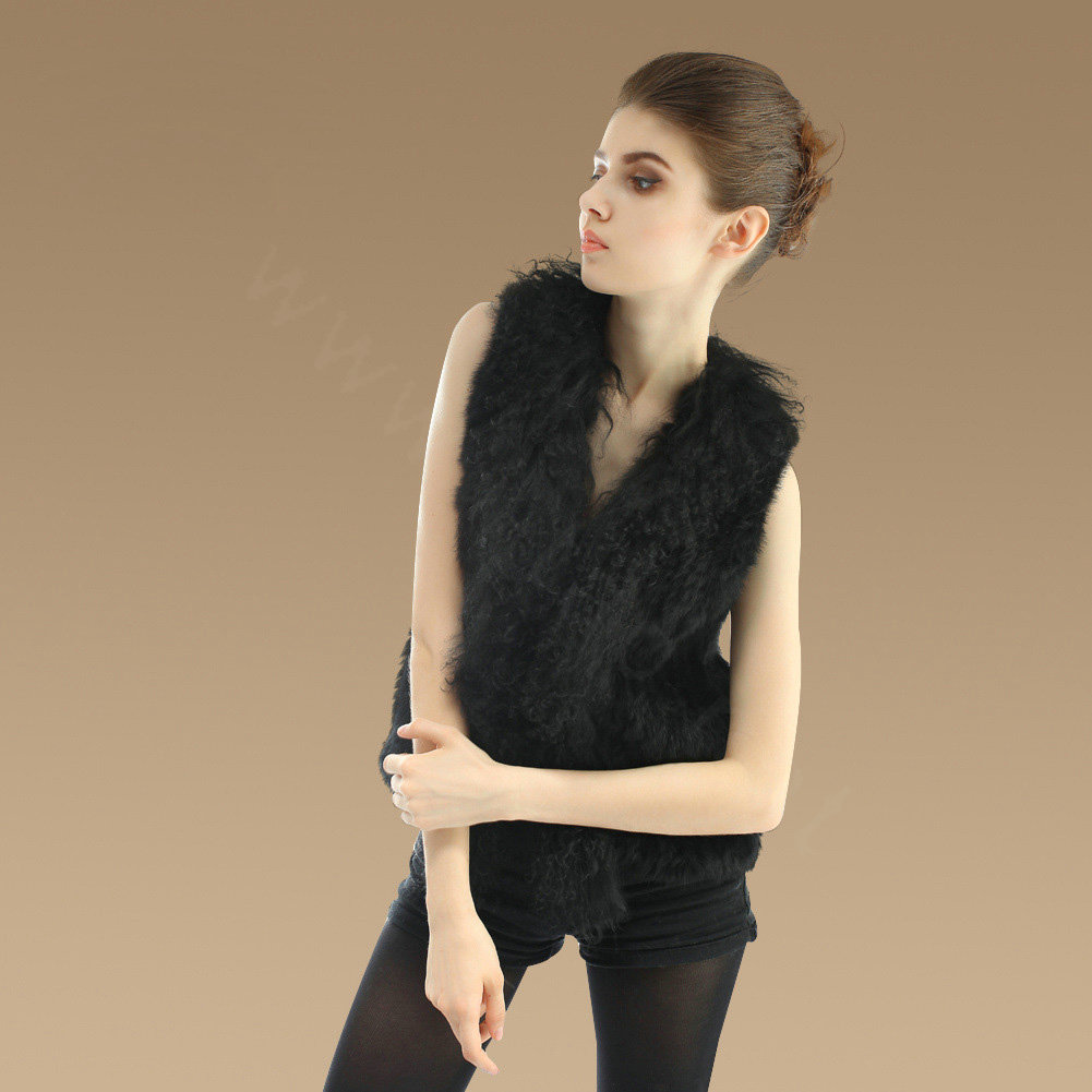 Genuine Knitted Rabbit Fur Vest With Delicate Mongolia Sheep Fur Collar Women Jacket - Black