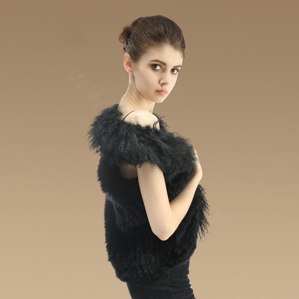 Genuine Knitted Rabbit Fur Vest With Delicate Mongolia Sheep Fur Collar Women Jacket - Black