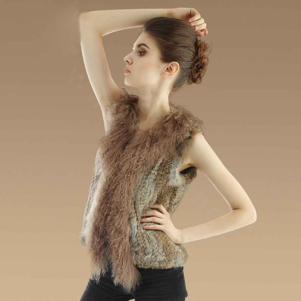 Genuine Knitted Rabbit Fur Vest With Delicate Mongolia Sheep Fur Collar Women Jacket - Brown