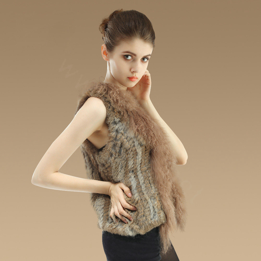 Genuine Knitted Rabbit Fur Vest With Delicate Mongolia Sheep Fur Collar Women Jacket - Brown