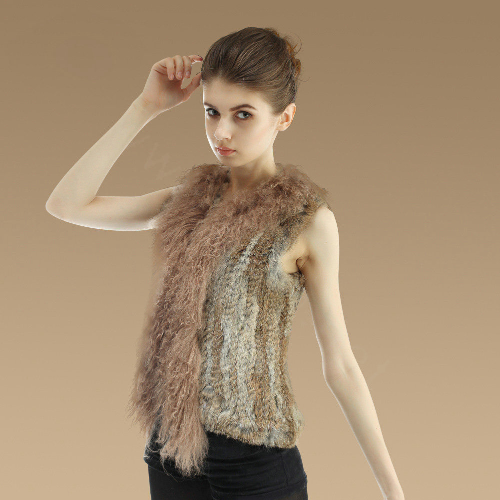 Genuine Knitted Rabbit Fur Vest With Delicate Mongolia Sheep Fur Collar Women Jacket - Brown