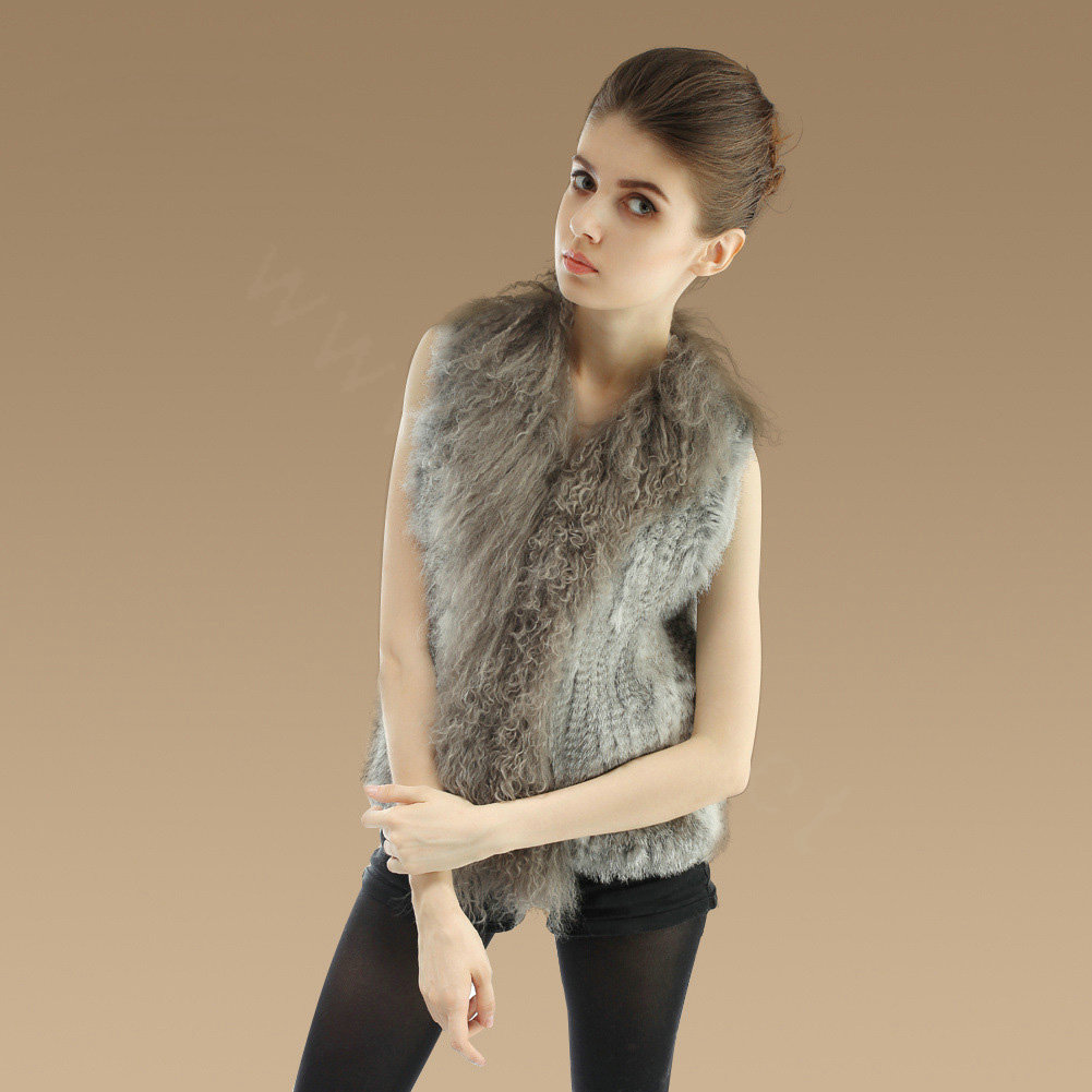 Genuine Knitted Rabbit Fur Vest With Delicate Mongolia Sheep Fur Collar Women Jacket - Grey