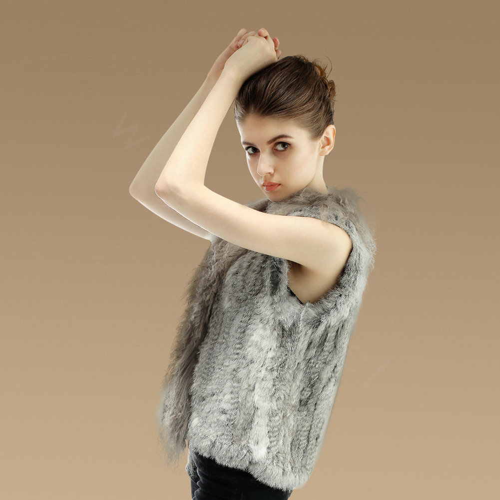 Genuine Knitted Rabbit Fur Vest With Delicate Mongolia Sheep Fur Collar Women Jacket - Grey