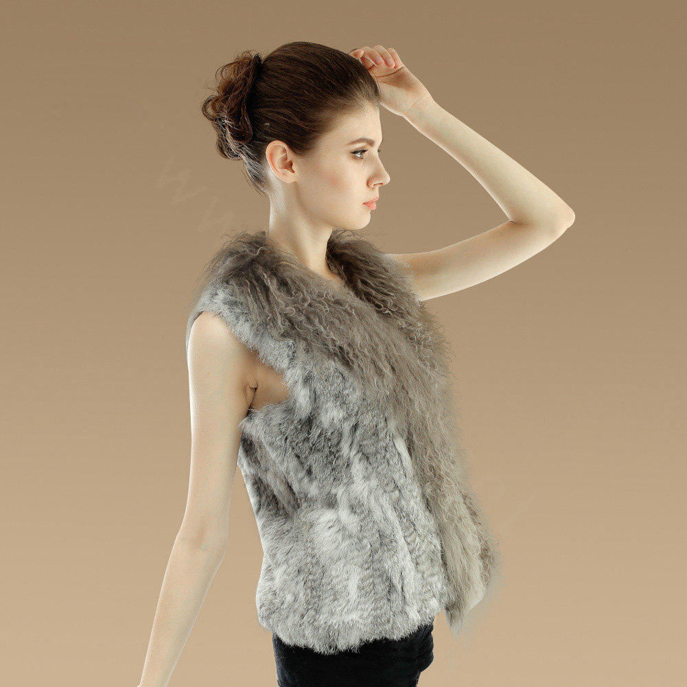 Genuine Knitted Rabbit Fur Vest With Delicate Mongolia Sheep Fur Collar Women Jacket - Grey