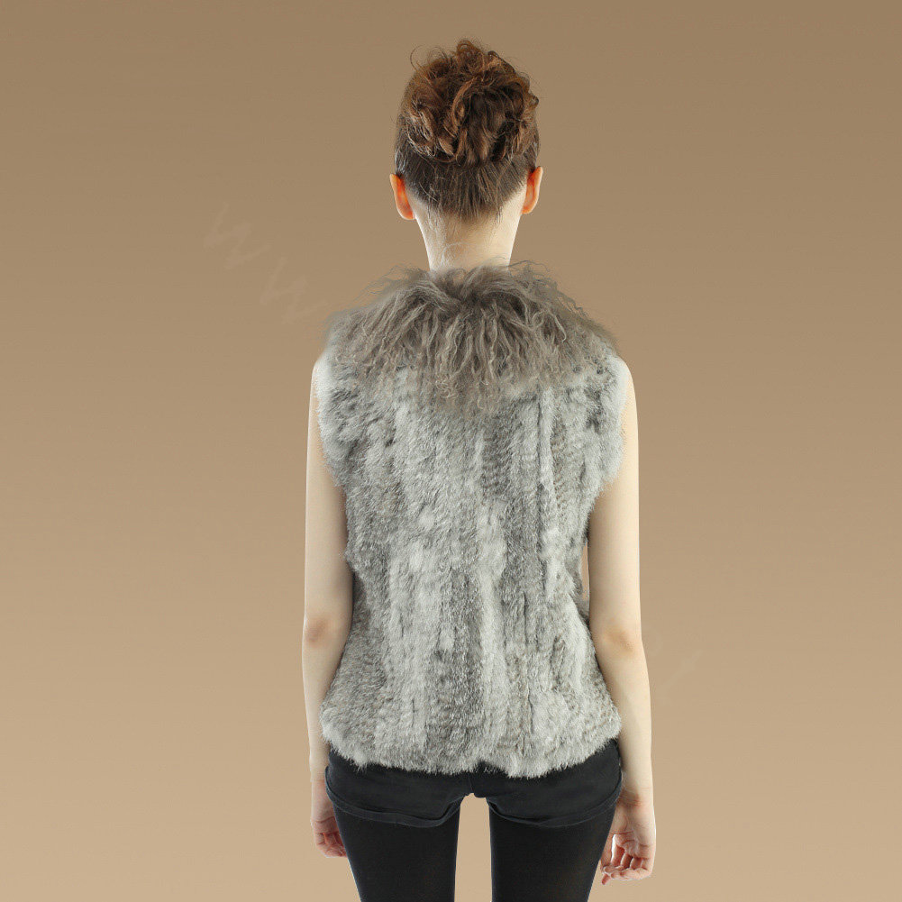 Genuine Knitted Rabbit Fur Vest With Delicate Mongolia Sheep Fur Collar Women Jacket - Grey