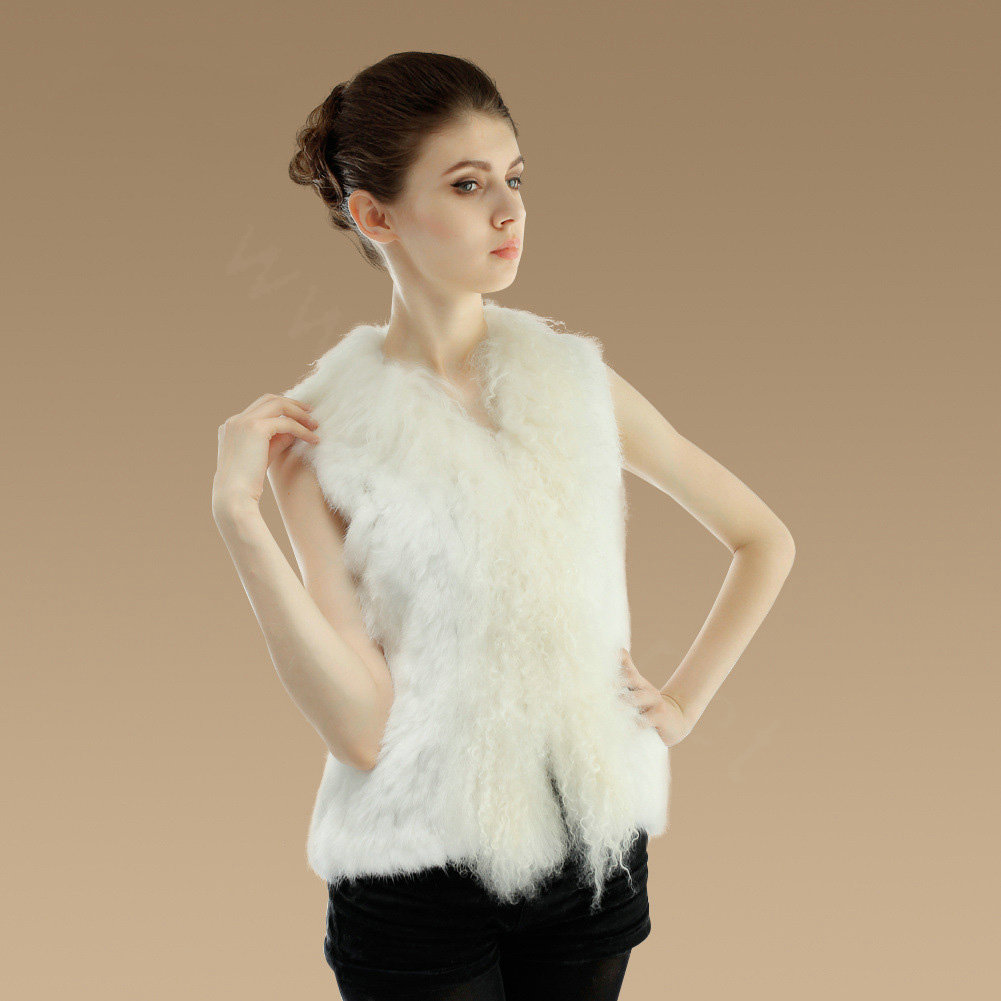 Genuine Knitted Rabbit Fur Vest With Delicate Mongolia Sheep Fur Collar Women Jacket - White
