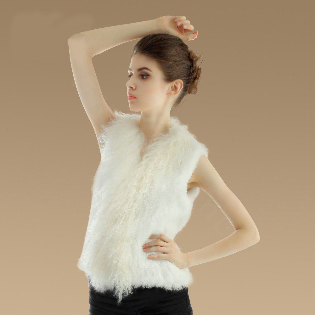 Genuine Knitted Rabbit Fur Vest With Delicate Mongolia Sheep Fur Collar Women Jacket - White