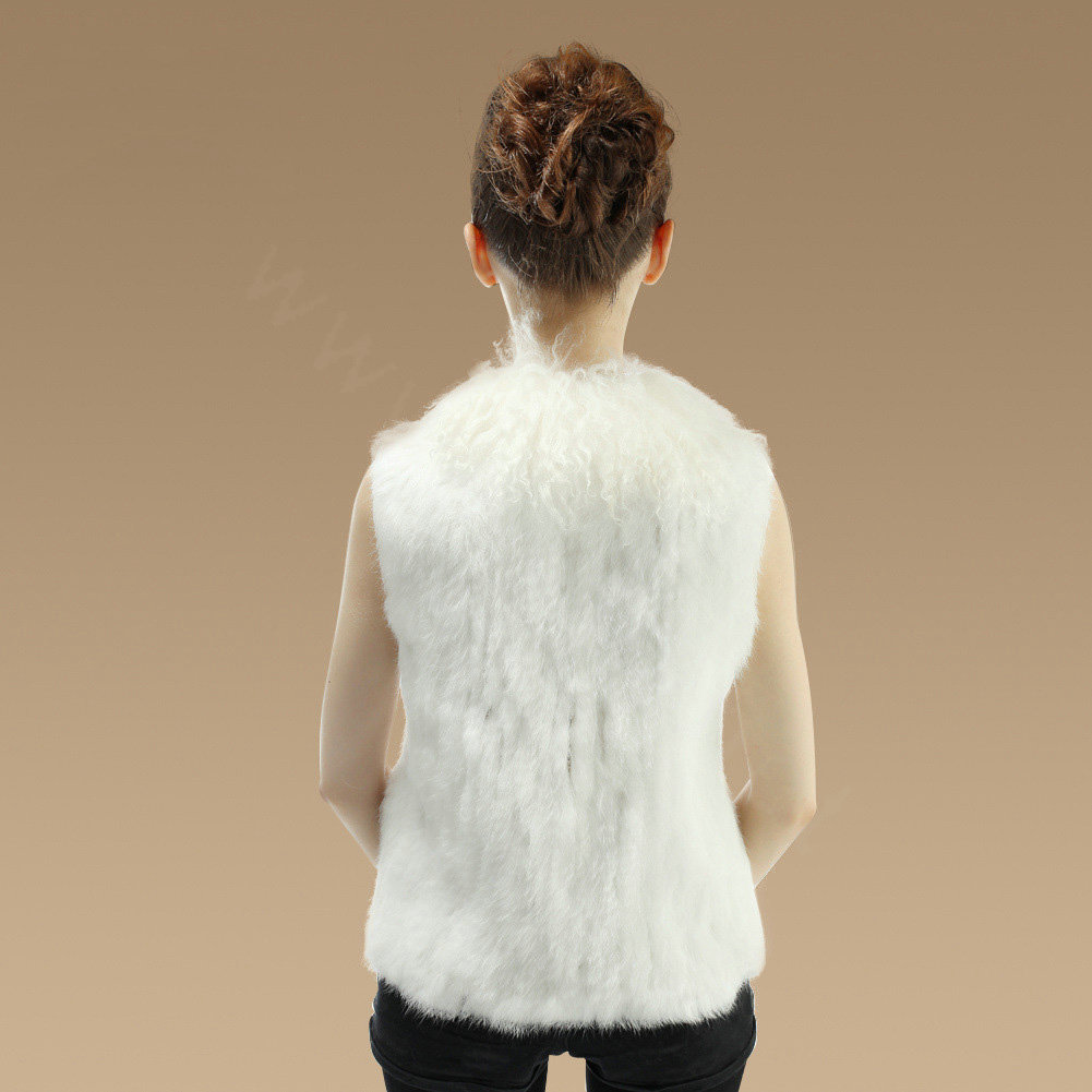 Genuine Knitted Rabbit Fur Vest With Delicate Mongolia Sheep Fur Collar Women Jacket - White