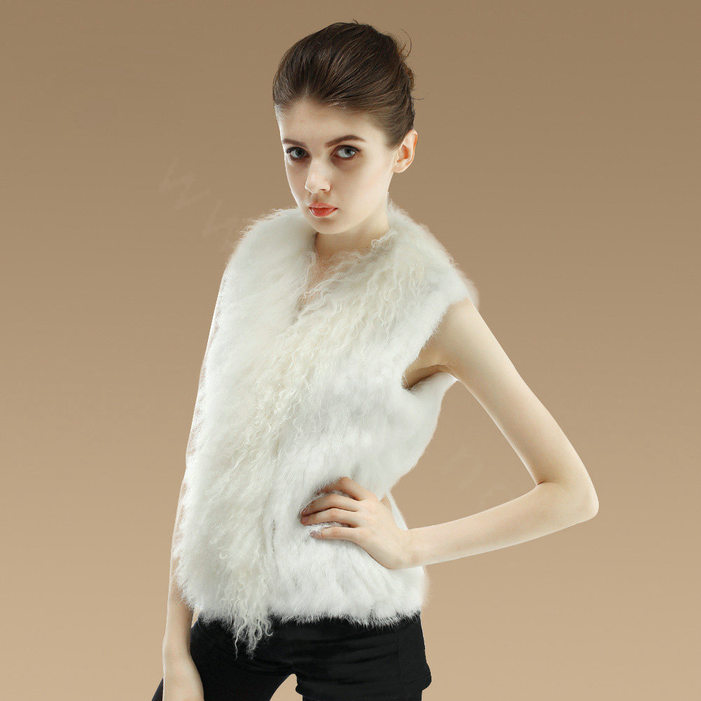Genuine Knitted Rabbit Fur Vest With Delicate Mongolia Sheep Fur Collar Women Jacket - White