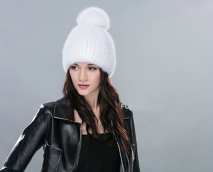 Genuine Whole Mink Fur Hats With Fox Fur Ball Women Winter Knitted Beanies Cap - Pure White