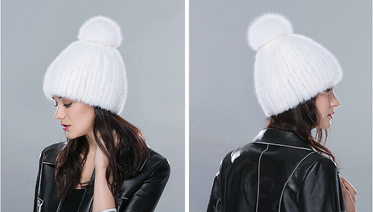 Genuine Whole Mink Fur Hats With Fox Fur Ball Women Winter Knitted Beanies Cap - Pure White
