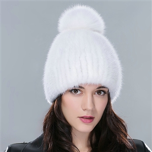 Genuine Whole Mink Fur Hats With Fox Fur Ball Women Winter Knitted Beanies Cap - Pure White