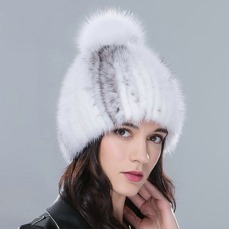 Genuine Whole Mink Fur Hats With Fox Fur Ball Women Winter Knitted Beanies Cap - White Grey