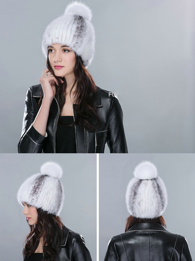 Genuine Whole Mink Fur Hats With Fox Fur Ball Women Winter Knitted Beanies Cap - White Grey