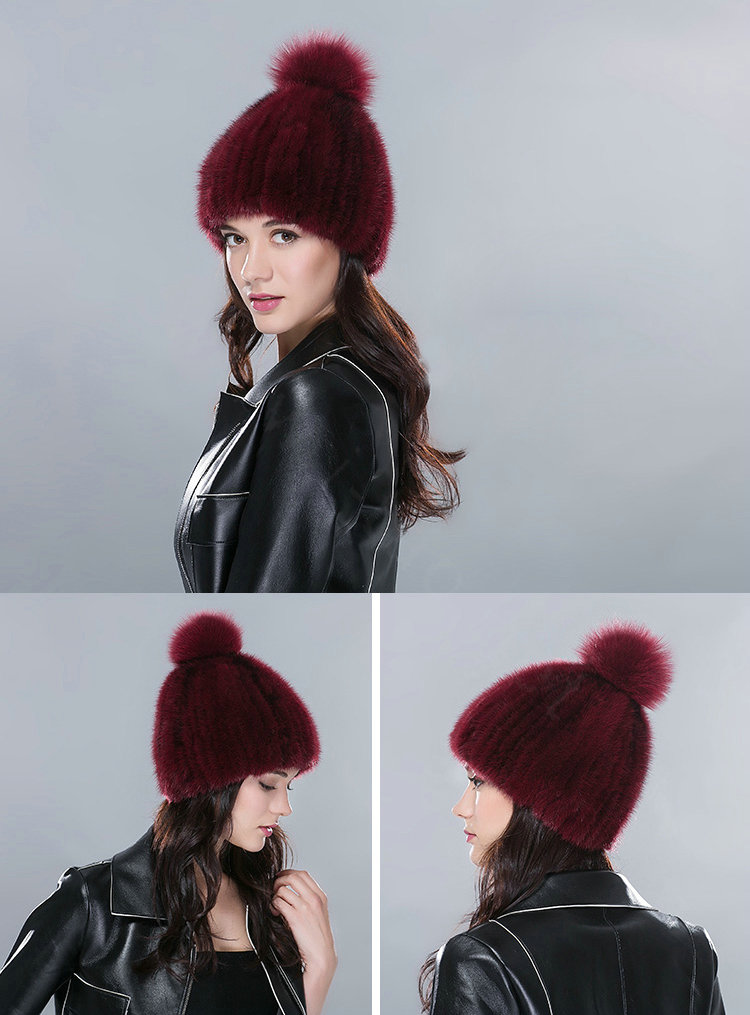 Genuine Whole Mink Fur Hats With Fox Fur Ball Women Winter Knitted Beanies Cap - Wine Red
