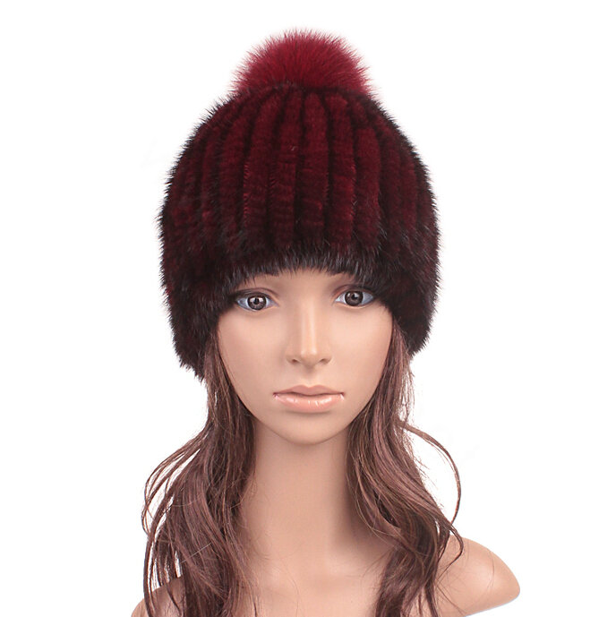 Genuine Whole Mink Fur Hats With Fox Fur Ball Women Winter Knitted Beanies Cap - Wine Red