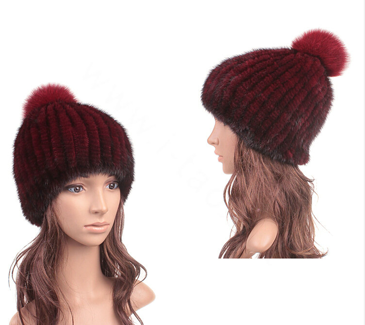 Genuine Whole Mink Fur Hats With Fox Fur Ball Women Winter Knitted Beanies Cap - Wine Red
