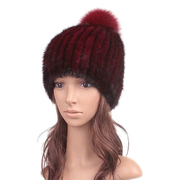 Genuine Whole Mink Fur Hats With Fox Fur Ball Women Winter Knitted Beanies Cap - Wine Red